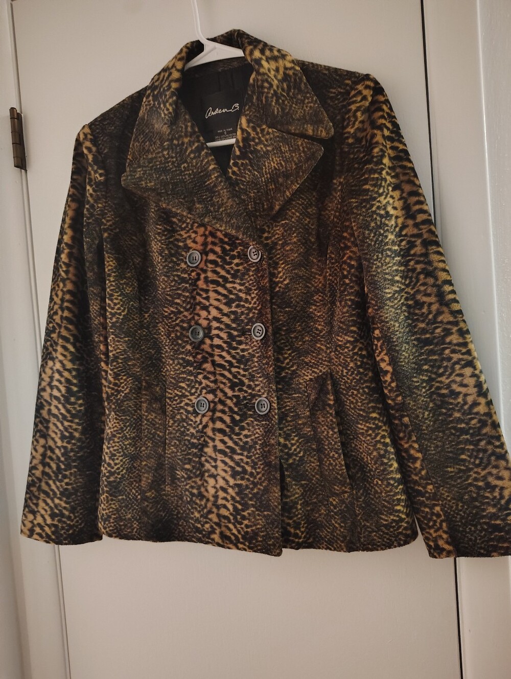 Arden B Double-Breasted Leopard-Print Peacoat in Brown and Black